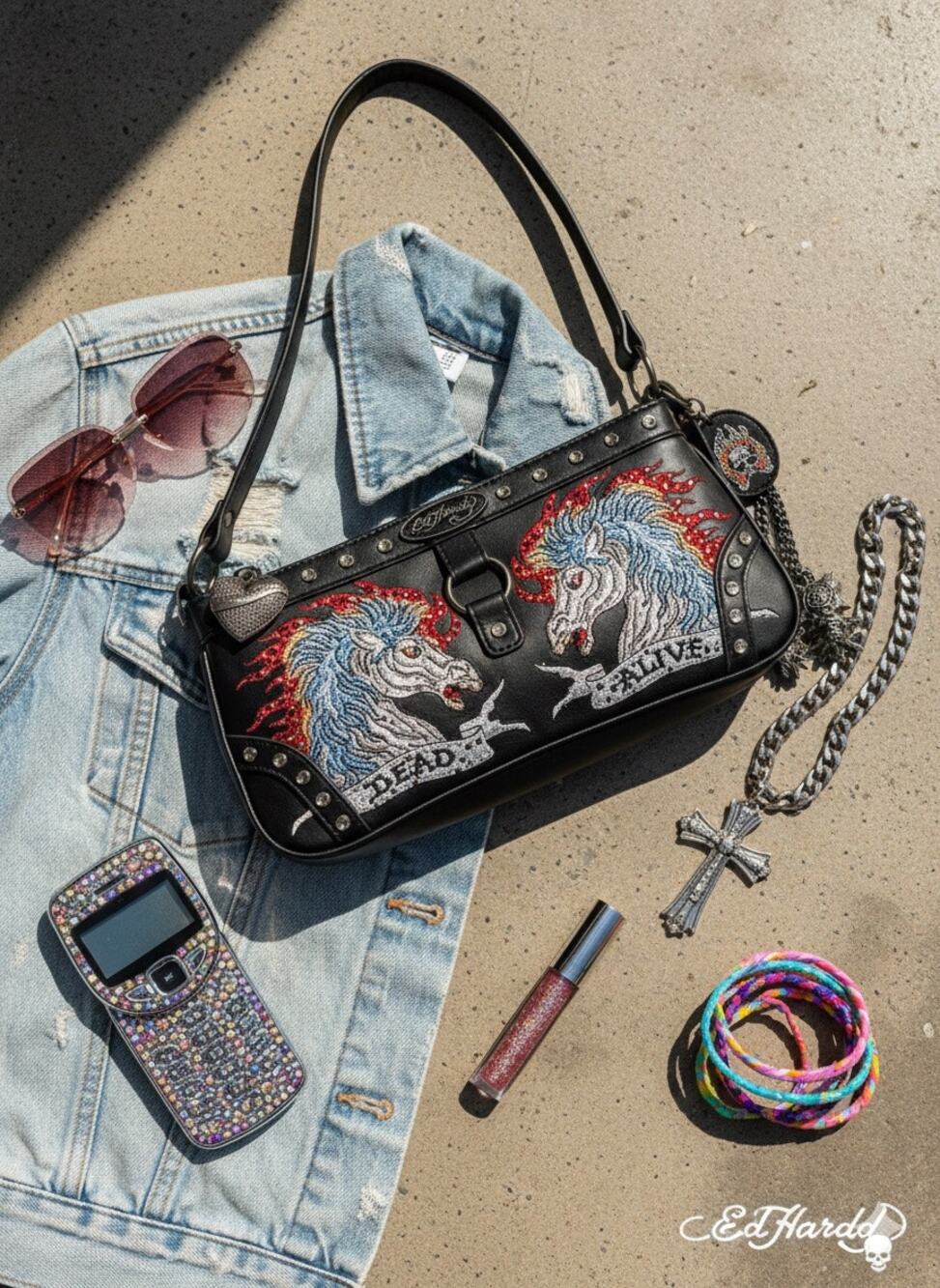NWT Ed Hardy "Dead or Alive" Rhinestone Y2K Shoulder Bag